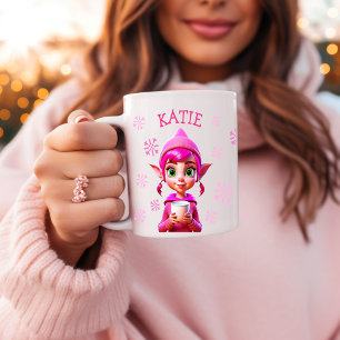 Personalised Christmas Elf Pink Snowflakes Holiday Coffee Mug