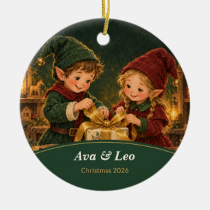 Personalised Christmas Elves Sibling Ceramic Ornament