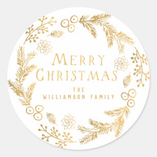 Personalised Christmas Envelope Seal, White & Gold Classic Round Sticker
