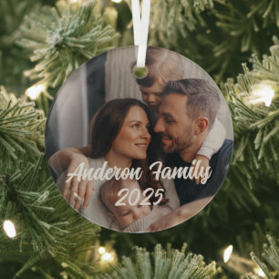 Personalised Christmas Family Custom Photo Text  Glass Tree Decoration