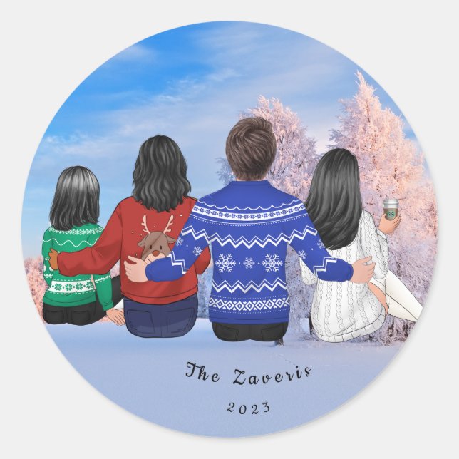 Personalised Christmas Family Mum Dad Daughters Classic Round Sticker (Front)