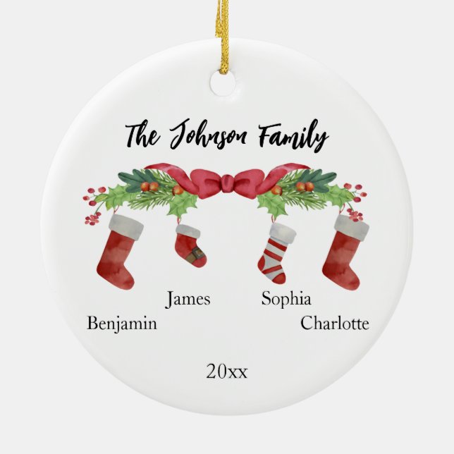 Personalised Christmas Family of 4 With Names 2023 Ceramic Ornament (Back)