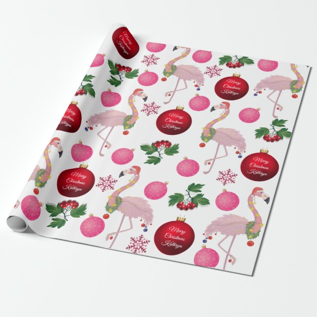 Personalised Christmas Flamingos Wrapping Paper (Unrolled)