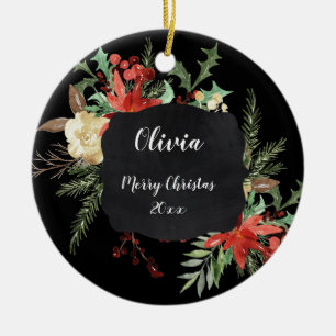 Personalised Christmas Floral Frame Black Ceramic Ornament