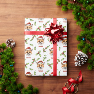 Personalised Christmas Fox and Holly Pattern Wrapping Paper
