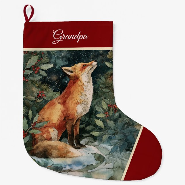 Personalised Christmas Fox Stocking, Festive Large Christmas Stocking (Front)