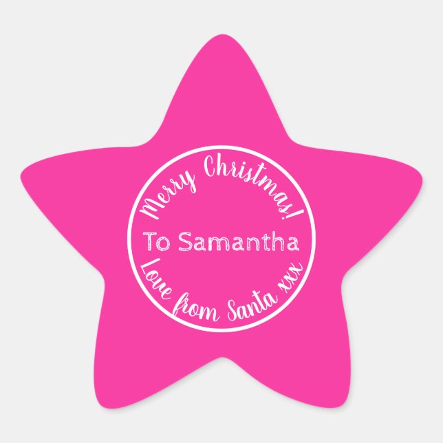 Personalised Christmas from Santa Hot Pink Star Sticker (Front)