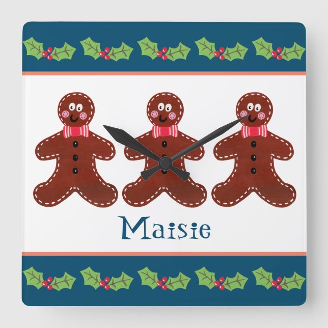Personalised Christmas Gingerbread Man Square Wall Clock (Front)