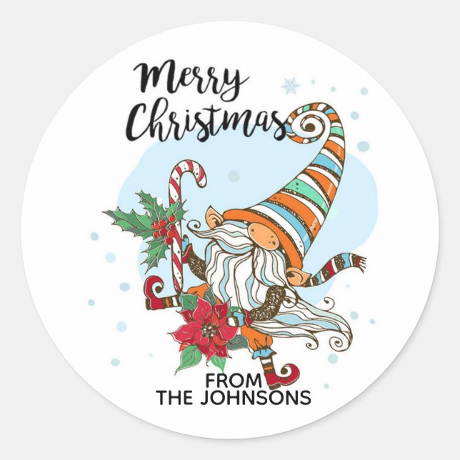 Personalised Christmas Gnome Candy Cane Classic Round Sticker (Front)