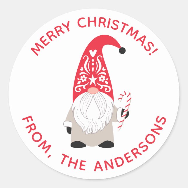 Personalised Christmas Gnome Classic Round Sticker (Front)