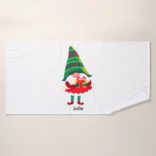 Personalised Christmas Gnome Holding a Gift Box Bath Towel
