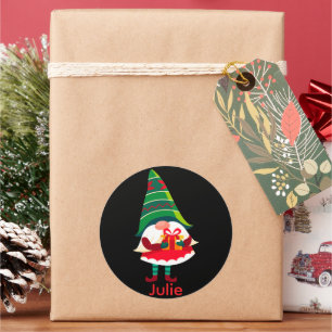 Personalised Christmas Gnome Holding a Gift Box Classic Round Sticker
