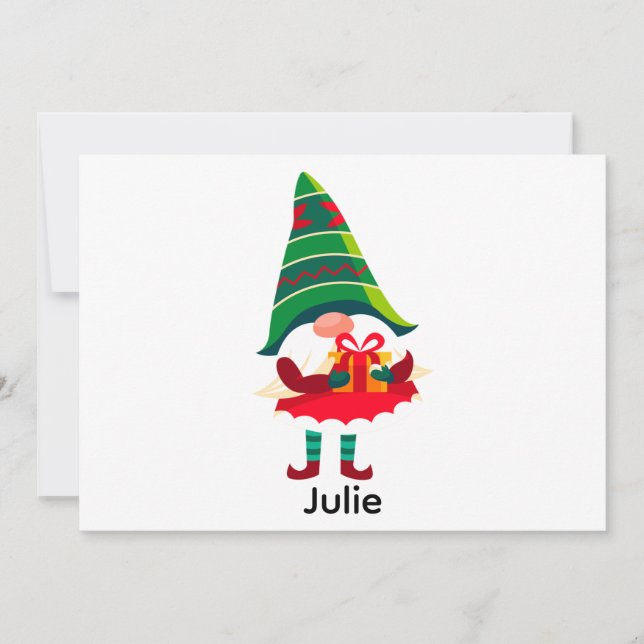 Personalised Christmas Gnome Holding a Gift Box Holiday Card (Front)