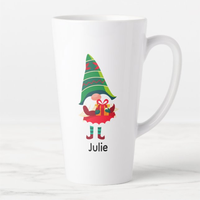 Personalised Christmas Gnome Holding a Gift Box Latte Mug (Right)