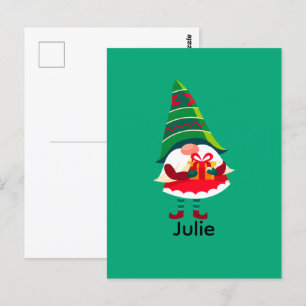 Personalised Christmas Gnome Holding a Gift Box Postcard
