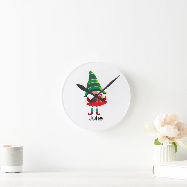 Personalised Christmas Gnome Holding a Gift Box Round Clock (Home)