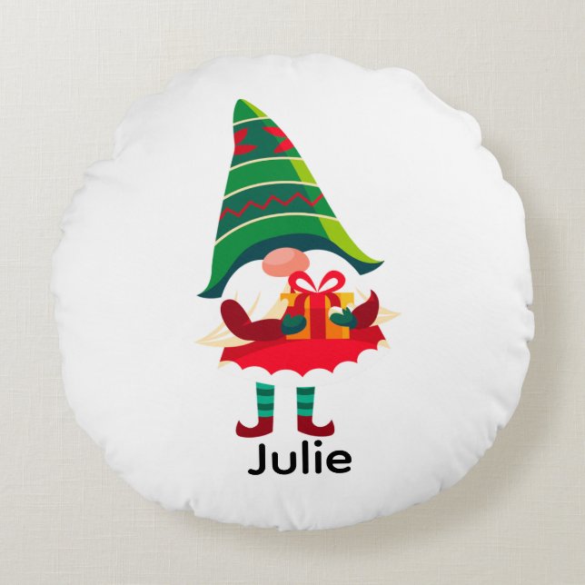 Personalised Christmas Gnome Holding a Gift Box Round Cushion (Front)