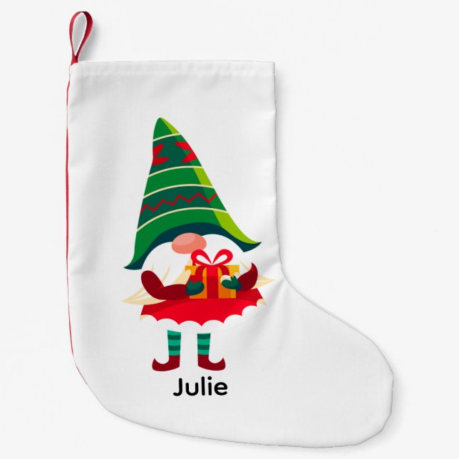 Personalised Christmas Gnome Holding a Gift Box Small Christmas Stocking (Front)