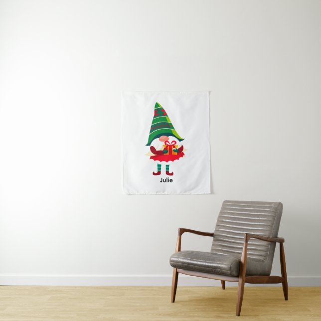 Personalised Christmas Gnome Holding a Gift Box Tapestry (In Situ)