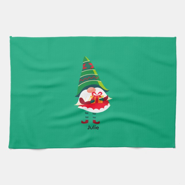 Personalised Christmas Gnome Holding a Gift Box Tea Towel (Horizontal)