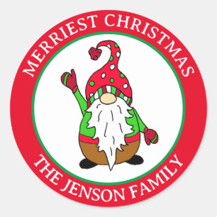 Personalised Christmas Gnome Merriest Christmas   Classic Round Sticker