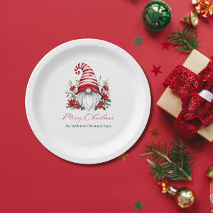 Personalised Christmas Gnome Poinsettia Holiday Paper Plate