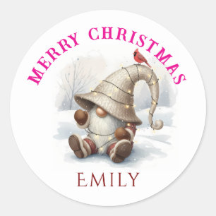 Personalised Christmas Gnome Watercolor Classic Round Sticker