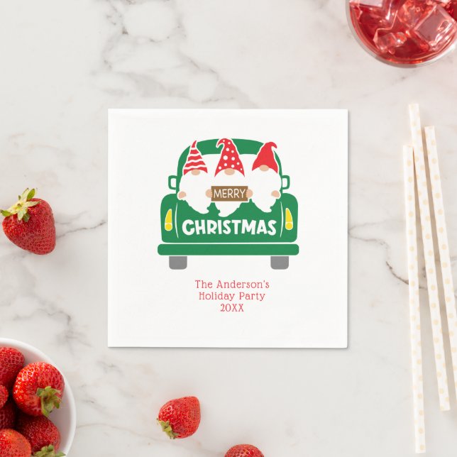 {Personalised Christmas Gnomes in Truck Christmas Napkin (Insitu)