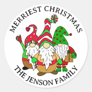 Personalised Christmas Gnomes Merriest Christmas   Classic Round Sticker