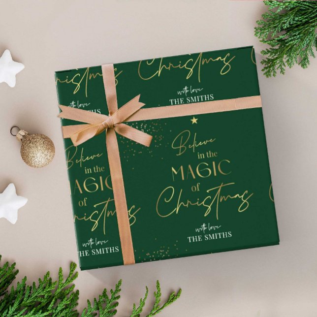 Personalised Christmas Gold Calligraphy Name Green Wrapping Paper (Creator Uploaded)