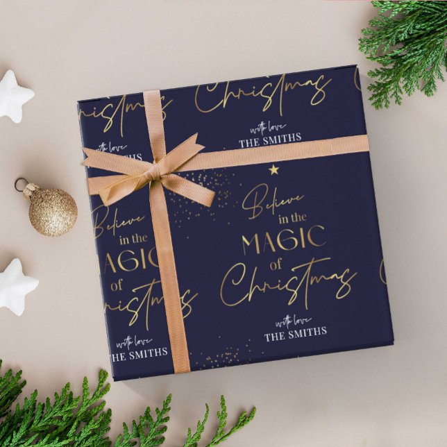 Personalised Christmas Gold Calligraphy Name Navy Wrapping Paper (Creator Uploaded)