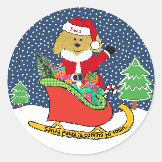 Personalised Christmas GoldenDoodle Santa Sleigh Classic Round Sticker (Front)