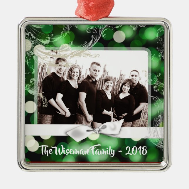 Personalised Christmas Green Bokeh PHOTO Ornament (Front)