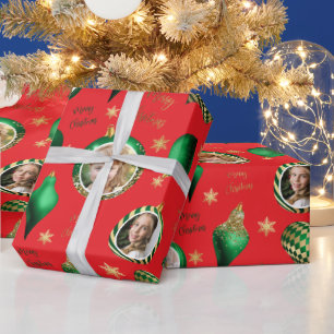 Personalised Christmas Green Gold Photo Ornament Wrapping Paper