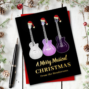 Personalised Christmas Guitar Black & Gold Foil Holiday Postcard