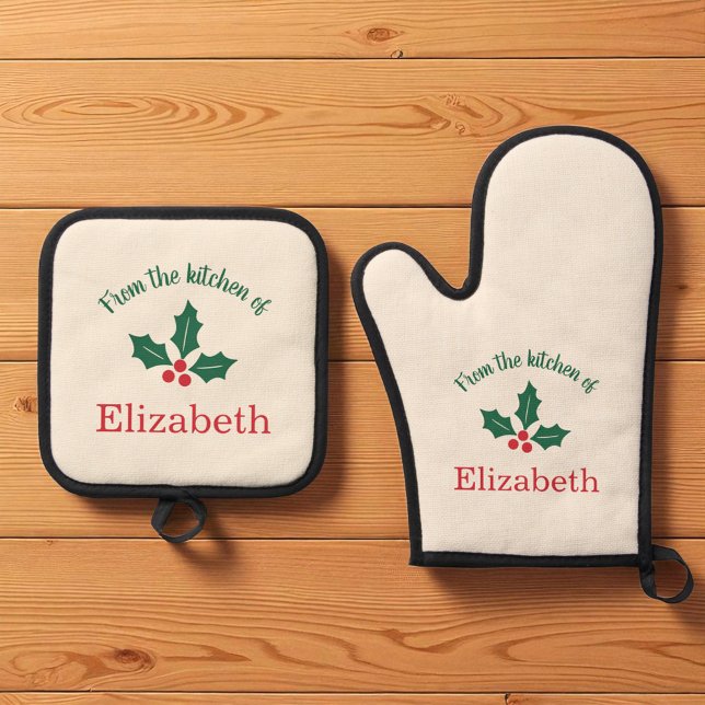 Personalised Christmas Holiday Kitchen Holly Berry Oven Mitt & Pot Holder Set (Creator Uploaded)