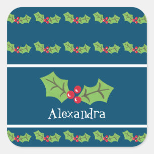 Personalised Christmas Holly & Berries Square Sticker