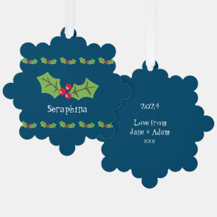 Personalised Christmas Holly & Berries Tree Decoration Card