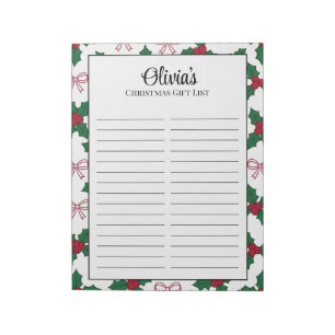 Personalised Christmas Holly Gift List Notepad