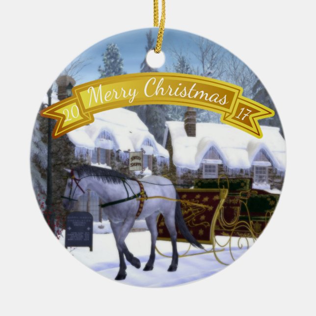 Personalised  Christmas Horse and Sleigh Ceramic Ornament (Front)