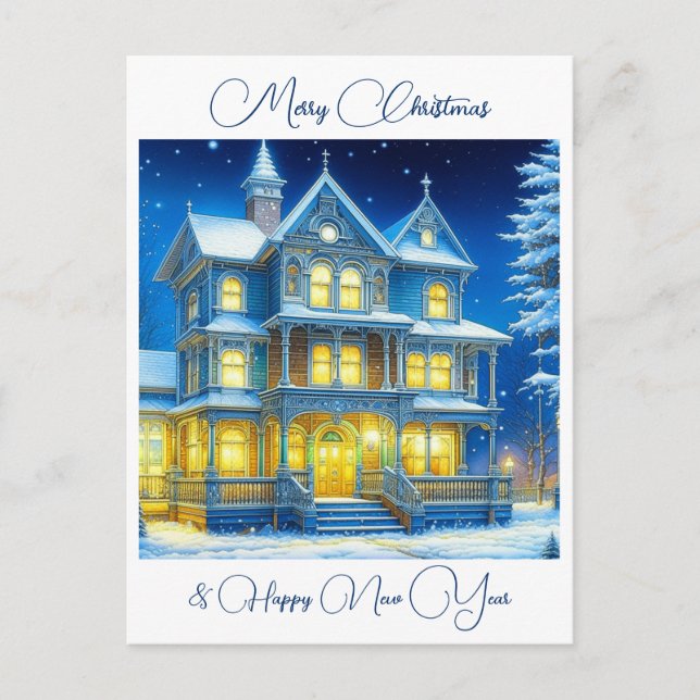 Personalised Christmas House on a Snowy Night   Postcard (Front)