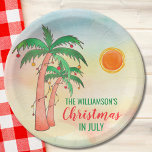 Personalised Christmas in July Party  Paper Plate<br><div class="desc">Personalised Christmas in July Party Paper Plate. Let's celebrate Christmas in July with a BBQ or party! Invite family and friends to your Christmas themed celebration and decorate it with these island style paper napkins featuring hand drawn palm trees decorated with lights on a watercolor background. Customise these fun napkins...</div>