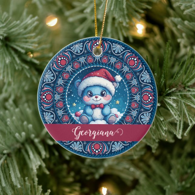 Personalised Christmas Kawaii Bear Dot Mandala Ceramic Ornament (Tree)