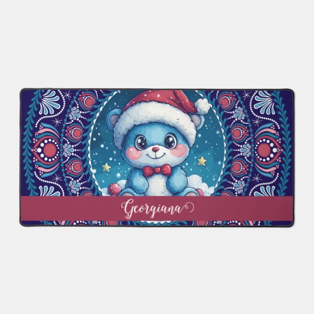 Personalised Christmas Kawaii Bear Dot Mandala Desk Mat (Front)