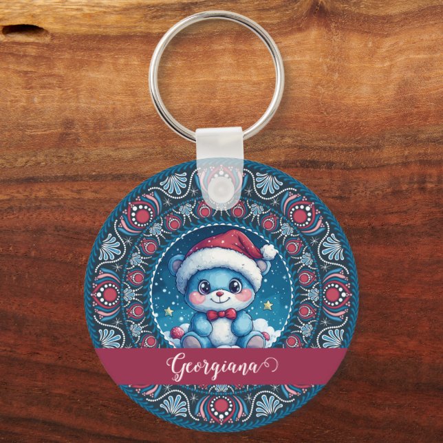 Personalised Christmas Kawaii Bear Dot Mandala Key Ring (Front)