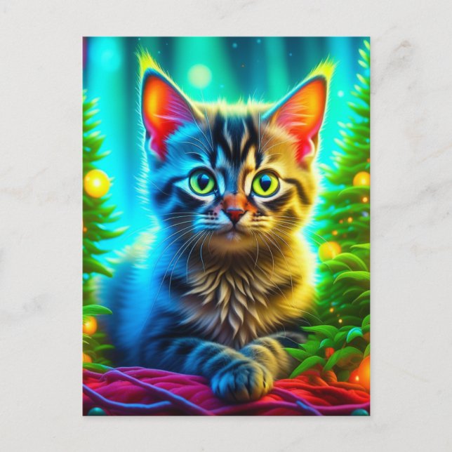 Personalised Christmas Kitten and Christmas Trees Postcard (Front)