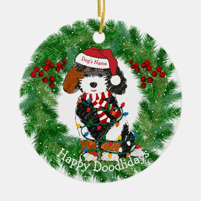 Personalised Christmas Lights Bernedoodle Ceramic Ornament (Front)