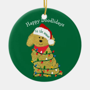 Personalised Christmas Lights Goldendoodle Green Ceramic Ornament