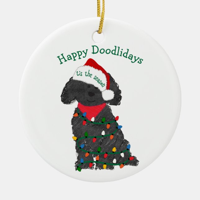 Personalised Christmas Lights Labradoodle Ceramic Ornament (Front)