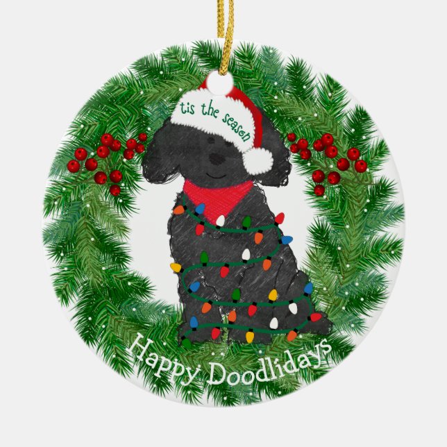 Personalised Christmas Lights Labradoodle Ceramic Tree Decoration (Front)